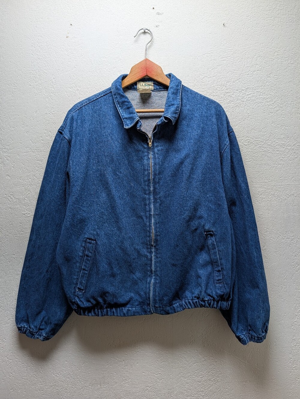 Vintage L.L. Bean Jacket Mens Large Blue Denim Bomber Zip Stand Collar USA